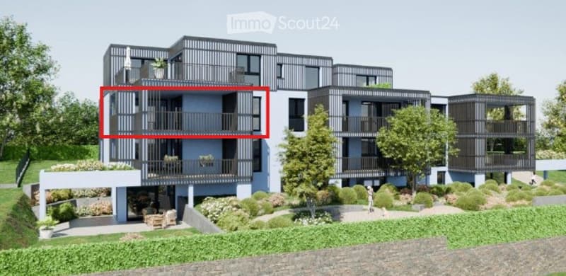 Modern multi-story residential building with balconies, greenery, and a raised ground floor entrance.