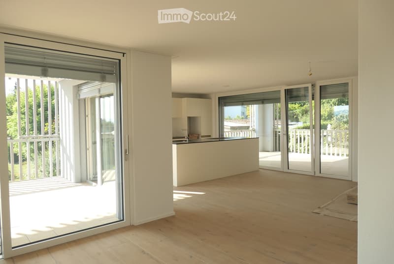 Bright, open-plan space with light wooden flooring, large sliding glass doors leading to a balcony, and a modern kitchen area visible in the background.