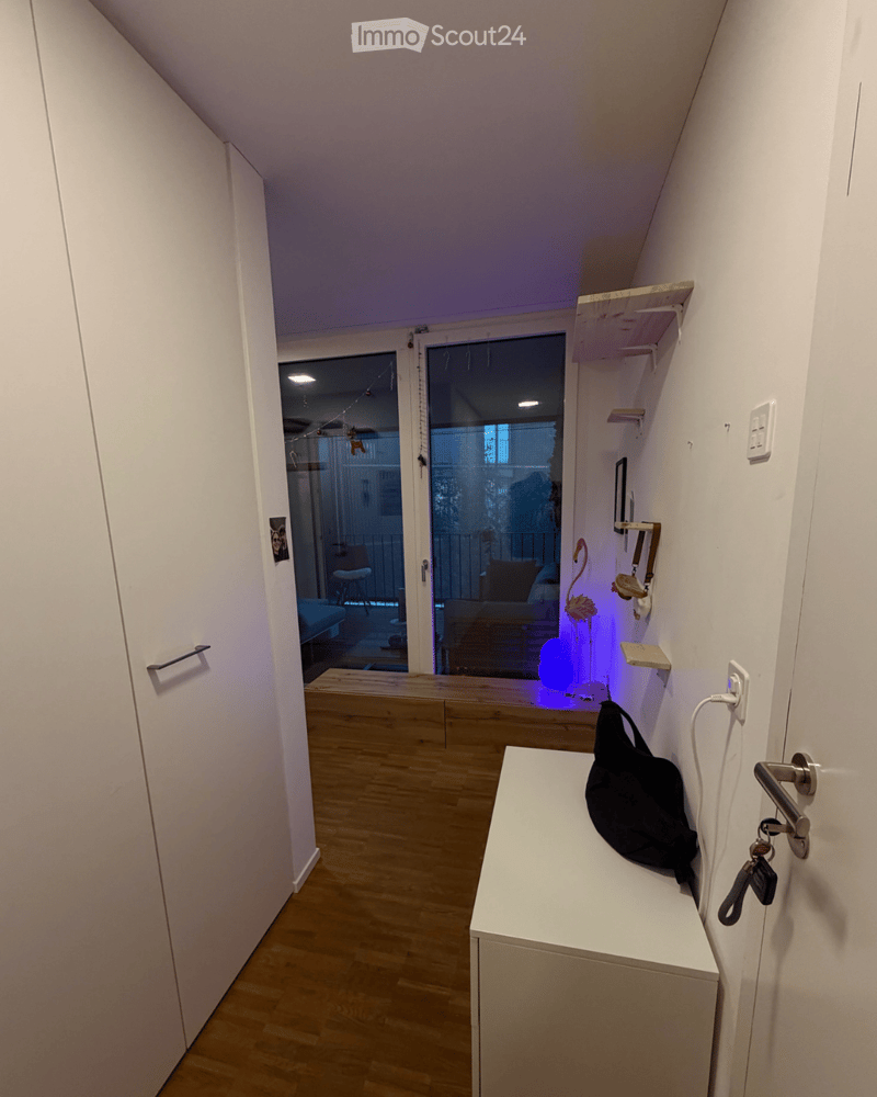 A narrow hallway with wooden flooring, white walls, and a small white console table with a black bag on it. A door leads to a room with a balcony visible through a glass door.