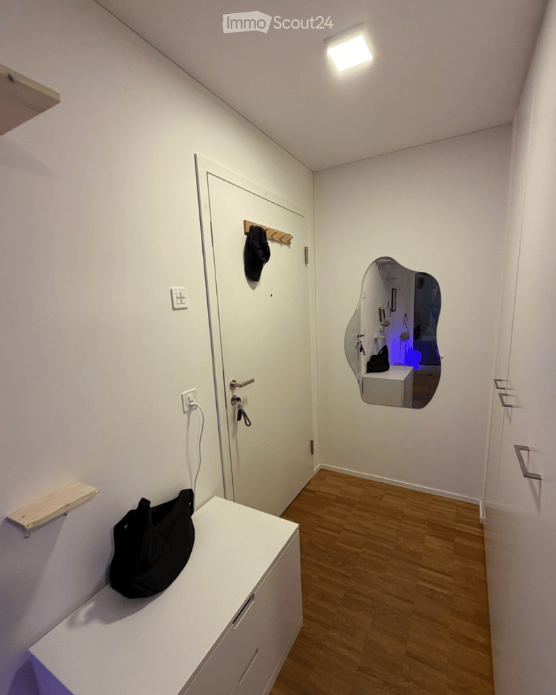 A narrow hallway with wooden flooring, white walls, and a white cabinet with a black bag on top. A door leads to another room, and a mirror is mounted on the wall.