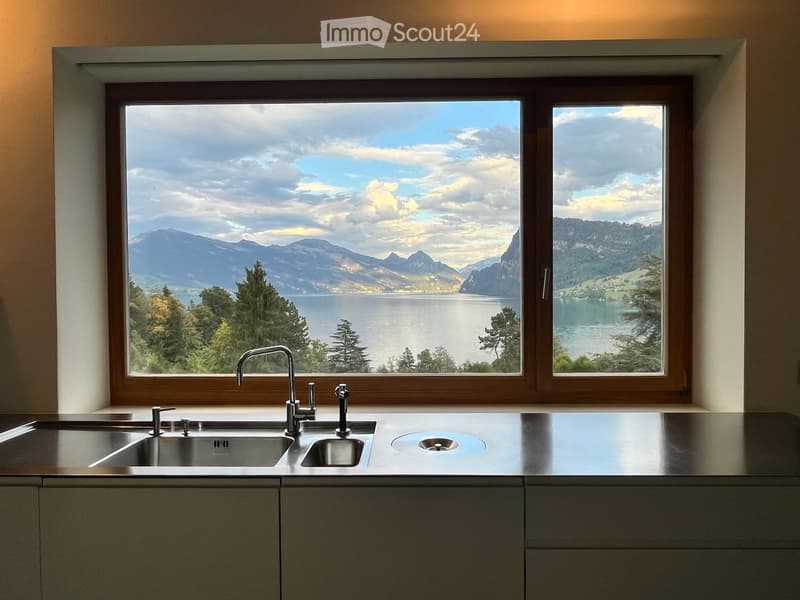 Modern kitchen with stainless steel sink and faucet, large window offering scenic mountain and lake view.