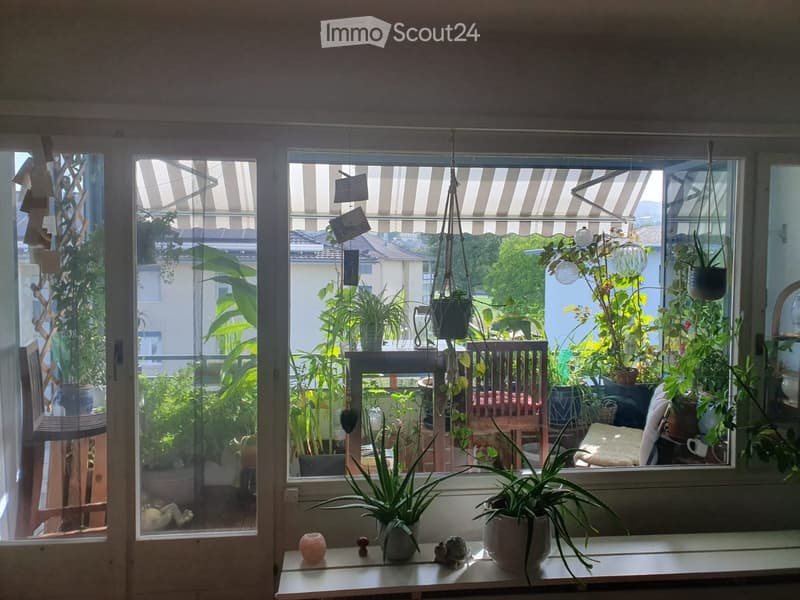 Brightly lit balcony with large windows, multiple potted and hanging plants, a small table with decorative items, and a wooden chair.