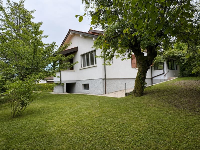 A two-story white house with a red-tiled roof, surrounded by a well-maintained lawn and trees. The house features large windows and a small balcony on the upper floor.