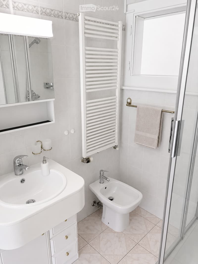 Modern bathroom with white tiles, a double sink, a bidet, a radiator, a towel, and a glass-enclosed shower area.