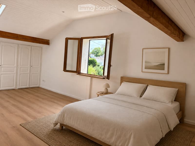 Cozy attic bedroom with wooden slanted ceilings, large window with shutters, double bed, nightstand, and artwork on the wall.