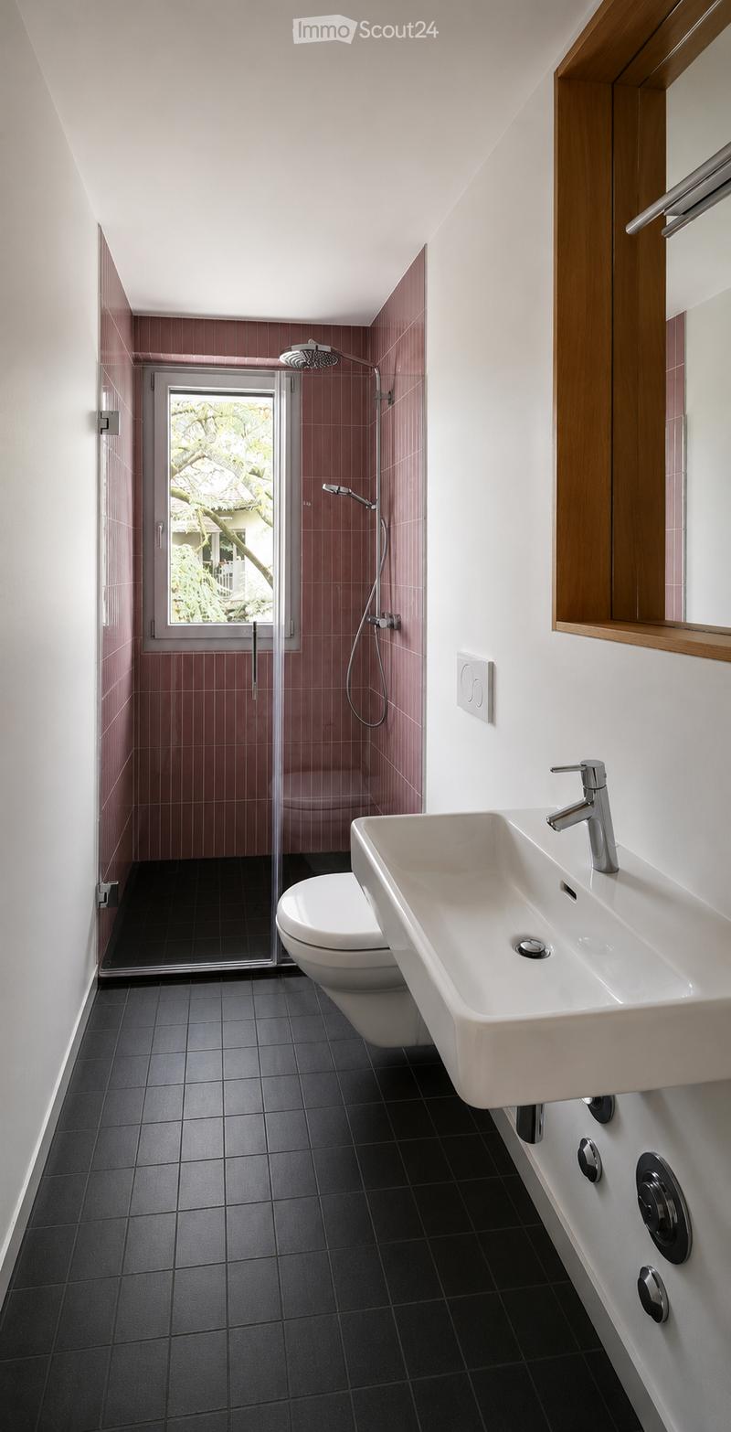 Modern bathroom with black tiled floor, white sink with chrome faucet, toilet, glass-enclosed shower with red tiles, and a large mirror above the sink.