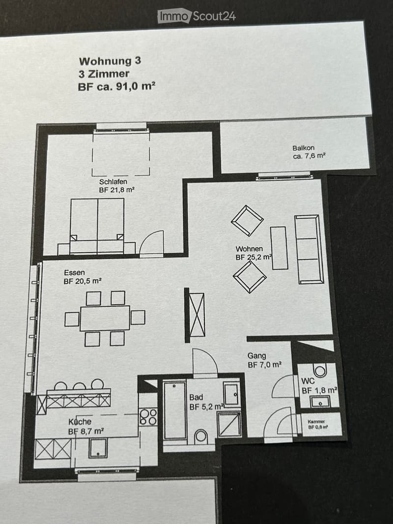 Floor plan of a 3-bedroom apartment with a kitchen, living area, bedroom, bathroom, hallway, and balcony.