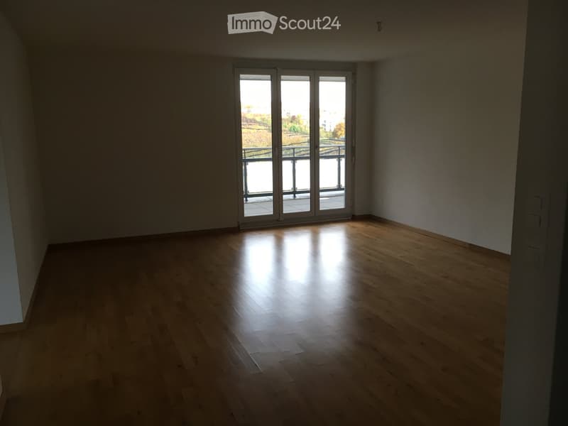 Empty room with wooden flooring and large sliding glass doors leading to a balcony.