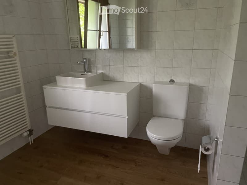 Modern bathroom with a white sink, toilet, mirror, and radiator. The walls are tiled, and the floor is wooden.
