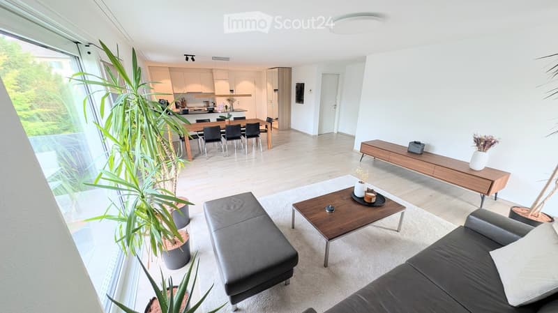 Modern open-plan living and dining area with a grey leather sofa, wooden coffee table, dining table with chairs, kitchen area, and large windows offering a view of greenery.