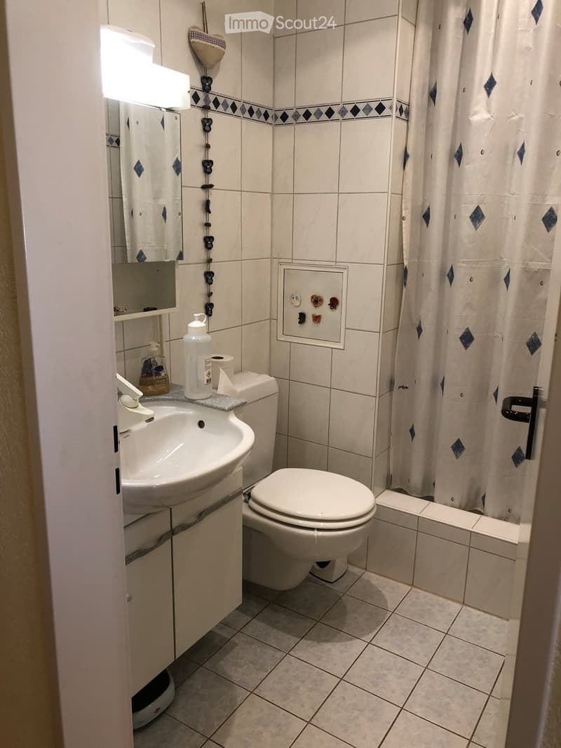 A small bathroom with a white sink, toilet, and shower area. The walls are tiled with a decorative border, and a mirror is mounted above the sink.