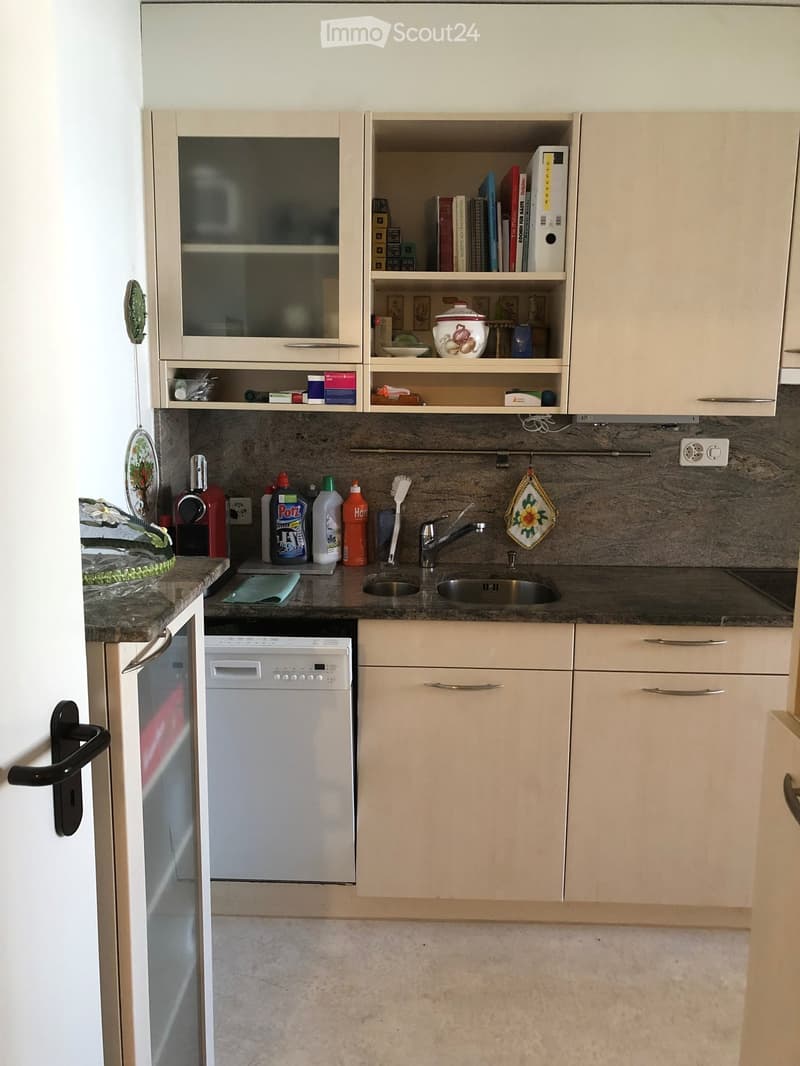 Modern kitchen with light-colored cabinets, a dishwasher, a sink with a faucet, and various cleaning supplies on the counter. Shelves above contain books and decorative items.