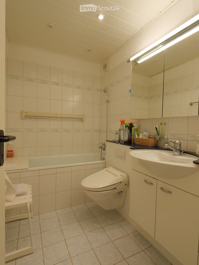 Clean, modern bathroom with a bathtub, toilet, sink, mirror, and various toiletries neatly arranged on the counter.