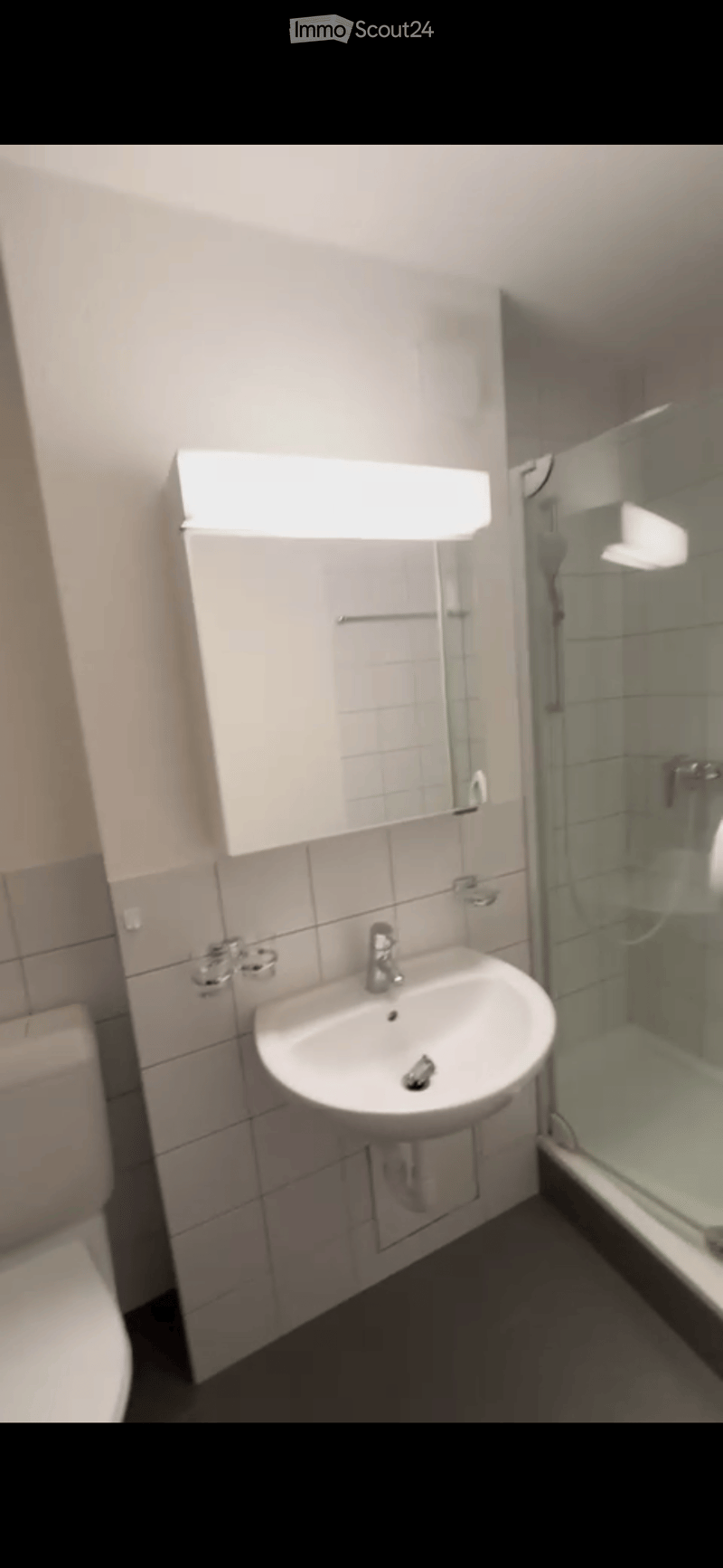 Modern bathroom with a white sink, mirror, and cabinet above it. A glass-enclosed shower is visible to the right, and a toilet is partially visible on the left.