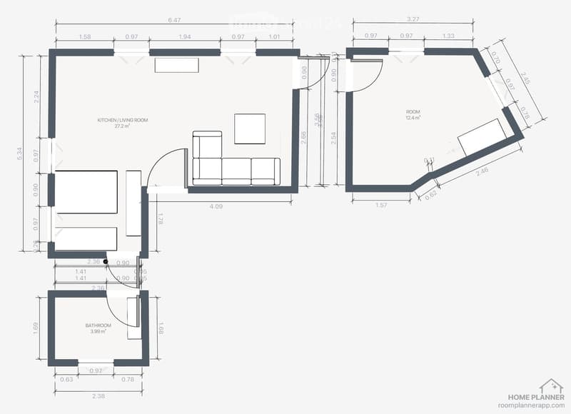 Floor plan of an apartment with a combined kitchen/living room area (27.2 m²), a separate room (12.4 m²), and a bathroom (3.99 m²). Dimensions and measurements are provided for each space.
