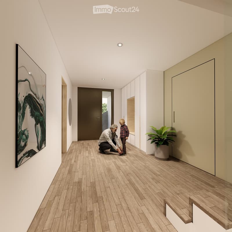 Modern hallway with wooden flooring, white walls, built-in storage units, and a large abstract painting on one wall. A potted plant is placed near the storage units.