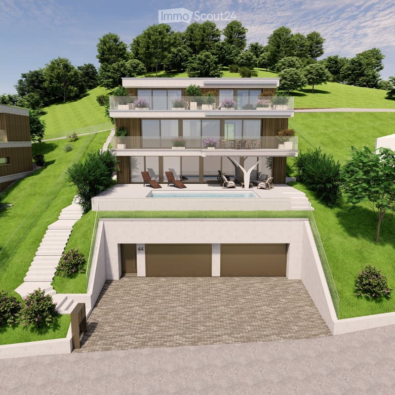 Modern two-story house with large windows, balconies, swimming pool, and garage.