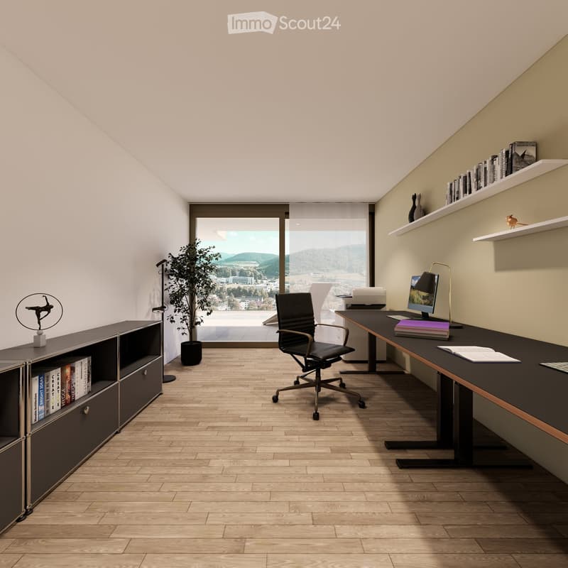 Modern office space with large windows offering a scenic view, featuring a desk, ergonomic chair, bookshelf, screen, lamp, plant, and decorative sculpture.