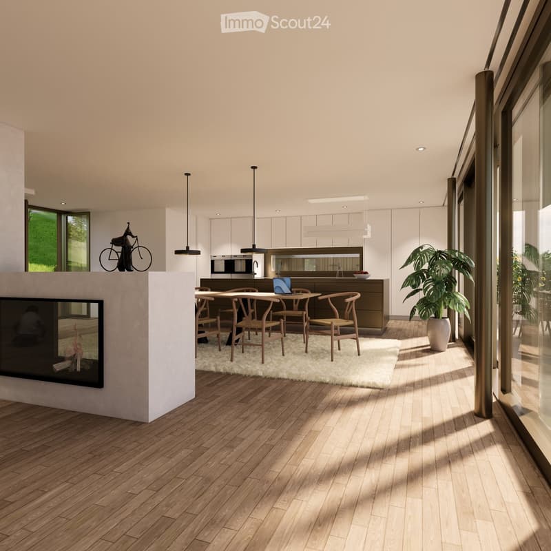 Modern open-plan living and dining area with a fireplace, dining table, chairs, laptop, kitchen appliances, and a large plant near the window.