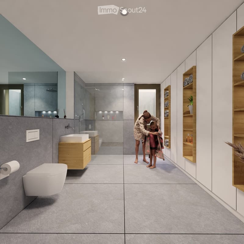 Modern bathroom with grey tiles, white toilet, sink, wooden cabinet, and wooden shelves. Features a large mirror and a shower area.