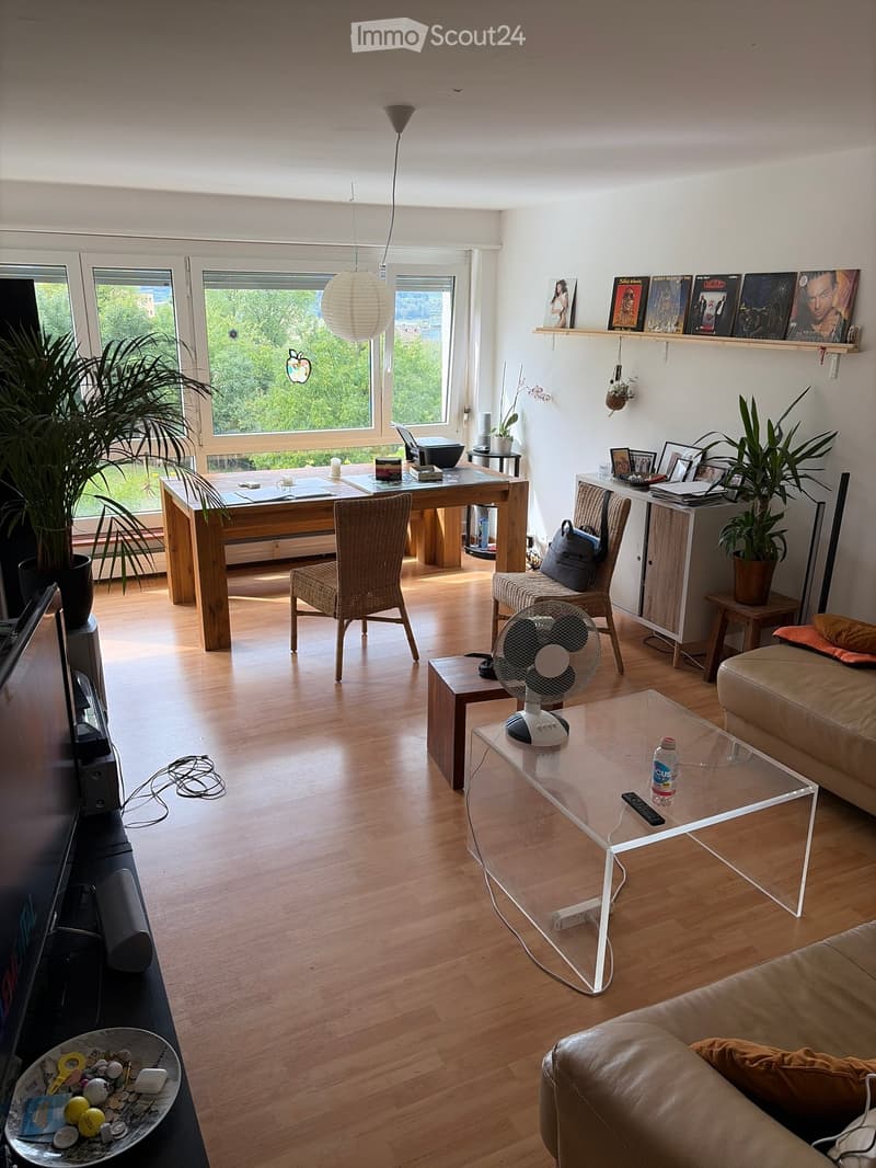 Bright living room with wooden flooring, large windows, a sofa, coffee table, fan, chairs, a desk with a laptop, and decorative plants.
