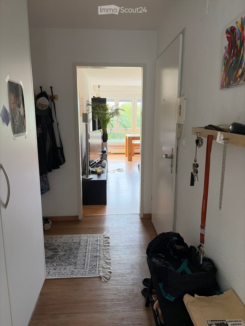Bright hallway with wooden flooring, leading to a living area with a TV, plant, and wooden table. Hooks with coats and bags, a rug, and a stroller are visible.