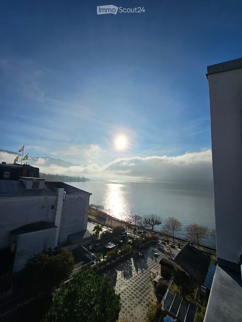 Terrace overlooking a lake with a view of the water and distant mountains, featuring outdoor furniture and trees.