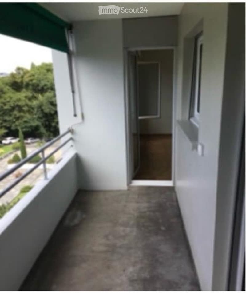 Balcony with metal railing, view of greenery, access to a room with a visible doorway.