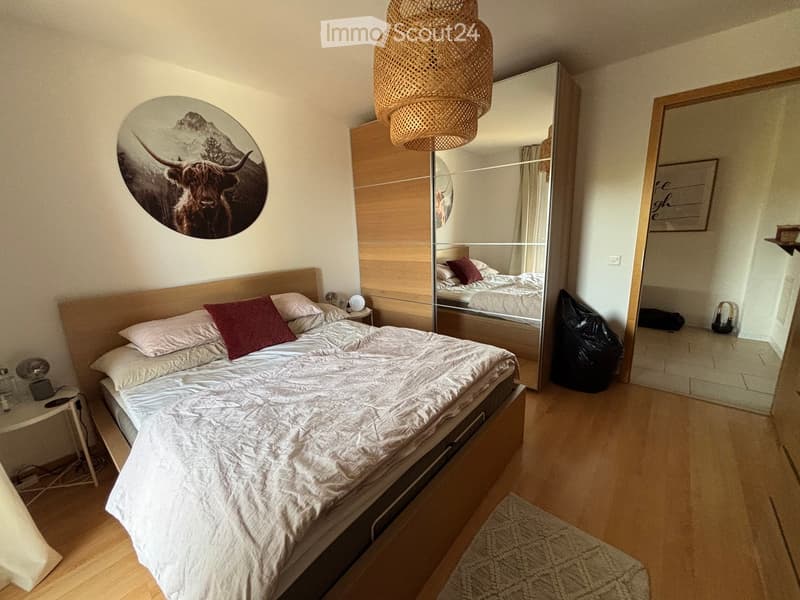 Modern bedroom with a large bed, nightstand, mirror, wicker pendant light, and a decorative picture of a bull on the wall.