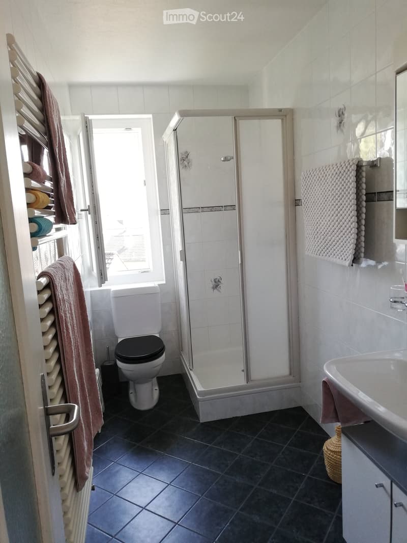 Bathroom with a toilet, sink, and shower. Towels are hanging on a rack and a window provides natural light.