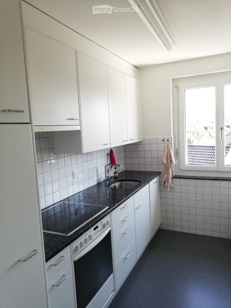 Modern kitchen with white cabinets, black granite countertops, and stainless steel appliances including an induction cooktop and oven. Features a window with a view of the outside and a towel hanging on the wall.