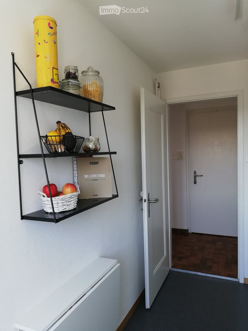 A narrow hallway with a black metal shelf unit on the left side holding various items, including fruits, jars, and a box. The hallway has a grey carpeted floor and white walls, with an open door leading to another room.