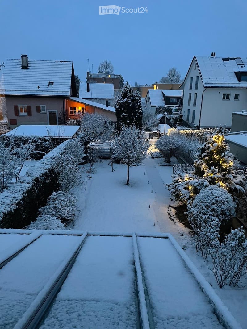 Snow-covered residential street lined with houses, trees, and bushes, with illuminated windows and a clear sky.