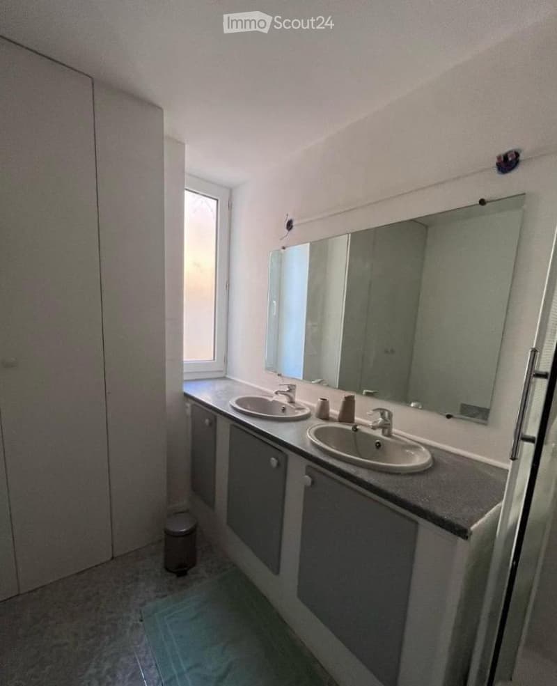 Modern bathroom with two sinks, large mirror, and built-in cabinets.