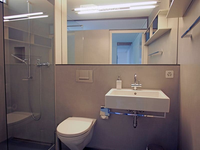 Modern bathroom with a white sink, chrome faucet, toilet, glass-enclosed shower, and a large mirror above the sink.