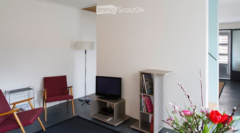 A modern living room with a red armchair, a small sofa, a television on a stand, a floor lamp, and a bookshelf with books and decorative items.
