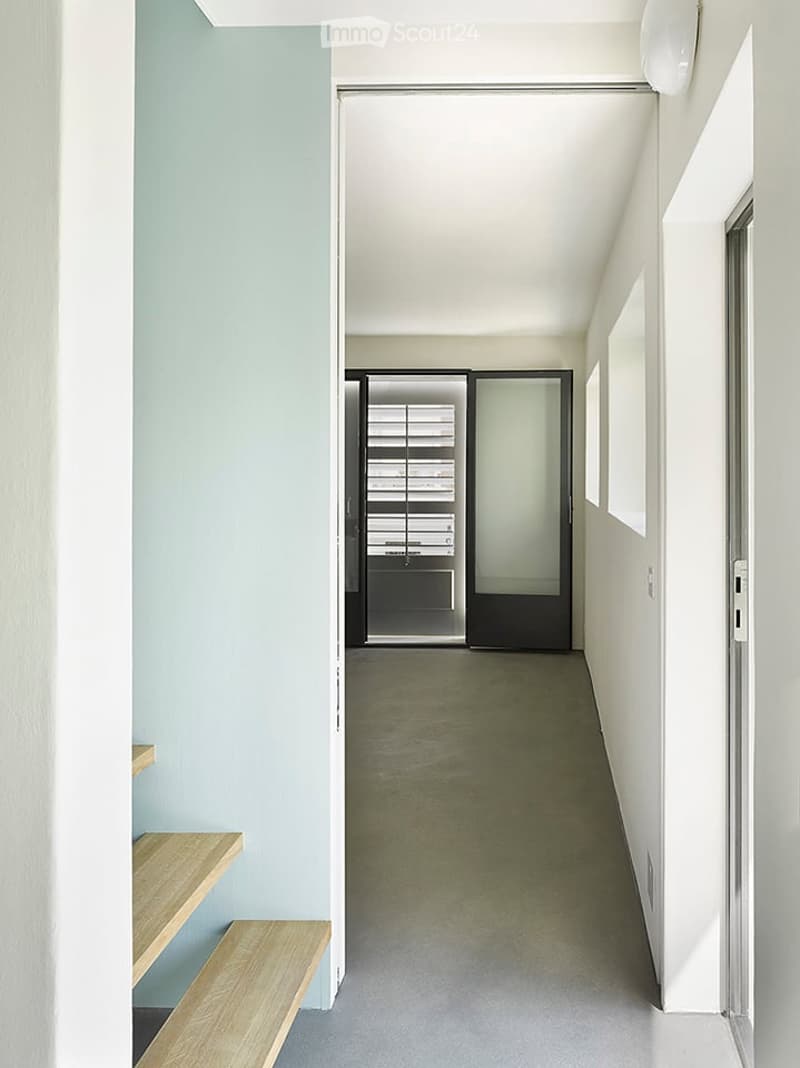 Modern hallway with light blue and white walls, concrete floor, and a glass door at the end.