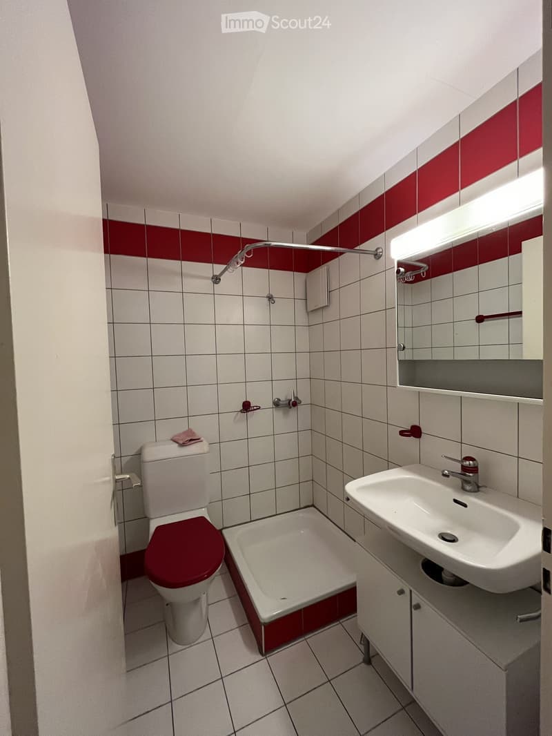 Bathroom with white tiled walls and floor, red accents, toilet with red seat, sink with mirror, and a small shower area.