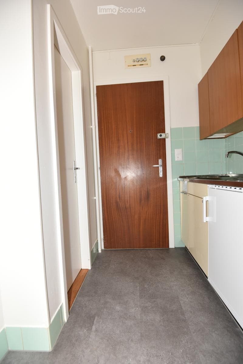 A narrow hallway with grey carpeted flooring, light-colored walls, and a wooden door at the end. A small kitchen area is visible on the right with light-colored cabinets, a sink, and a faucet.