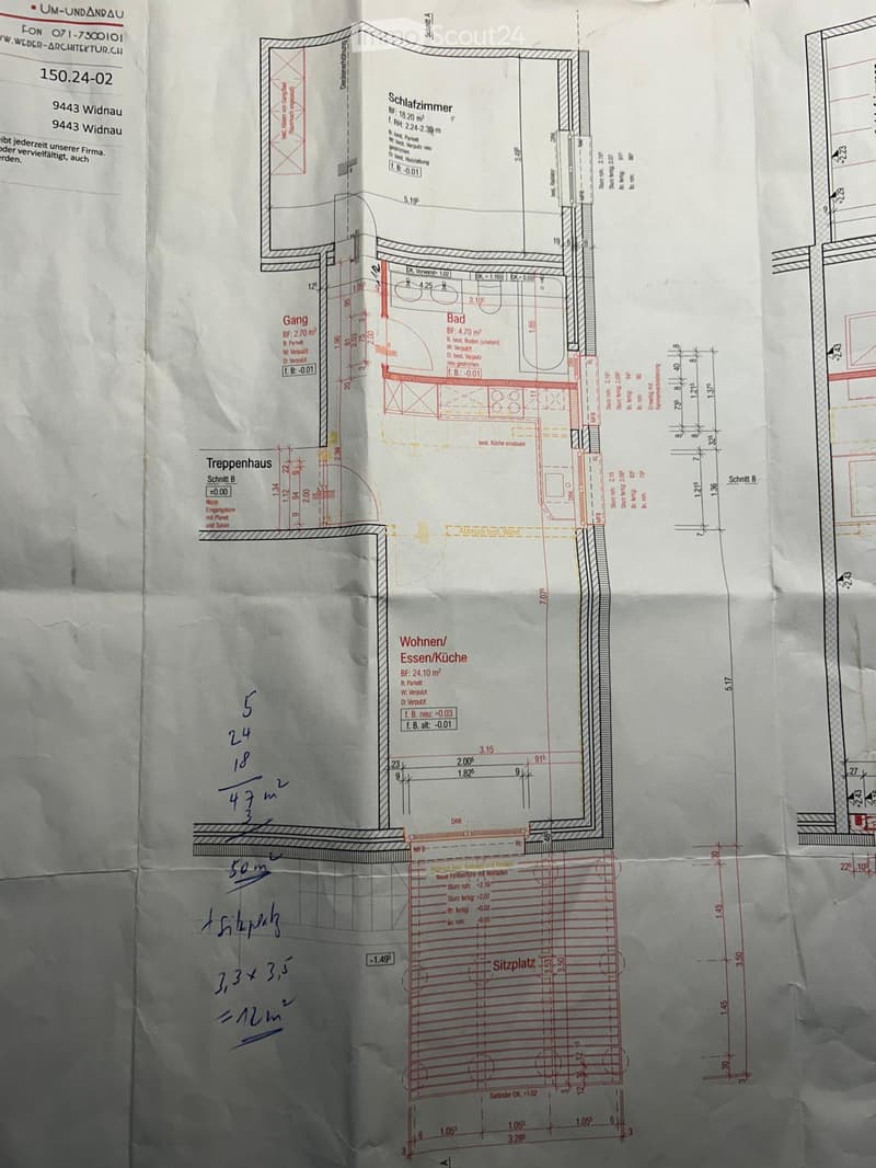 Floor plan with sections labeled for different rooms, dimensions for each section, and areas designated for various installations