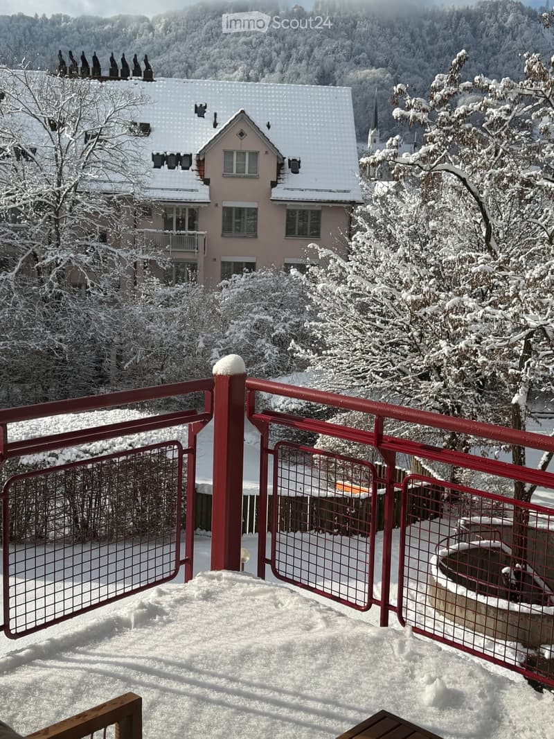 Building covered in snow, large balcony with red railings, a small hot tub on balcony, pine trees covered in snow, mountains in the background