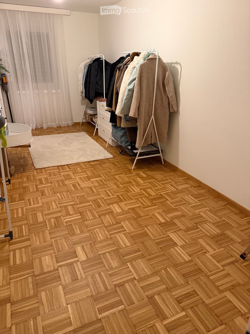 white walls, parquet flooring, rack with clothes, white curtain, white rug