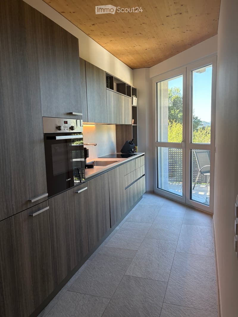 Modern kitchen with grey cabinets, induction cooktop, oven, and large windows offering a view of greenery.