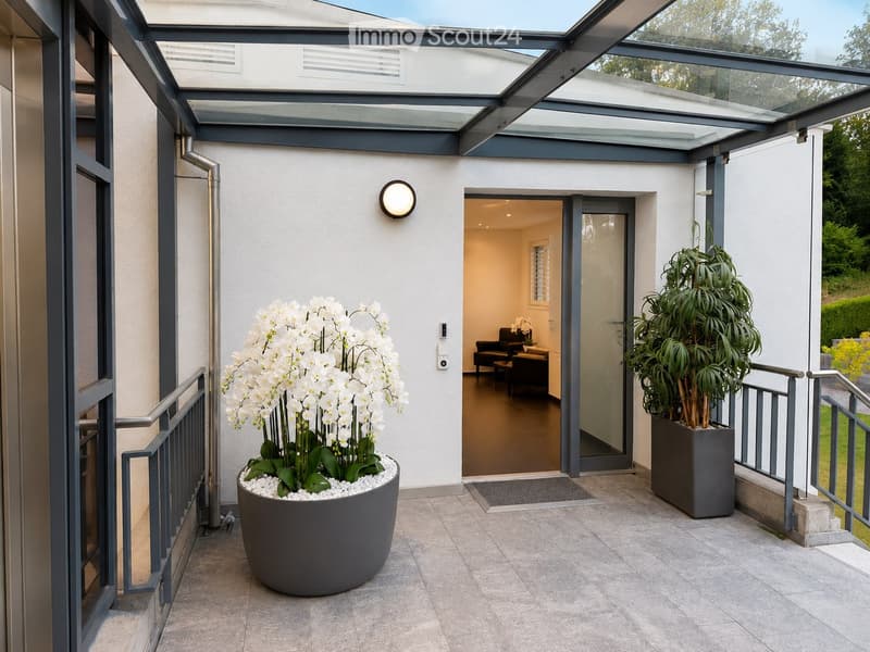 Modern balcony with a glass roof, tiled floor, and two large potted plants, one with white orchids and the other with green foliage. A door leads to an interior living space with visible furniture.