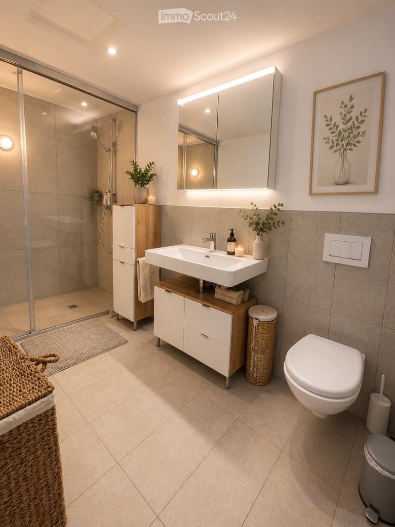 Modern bathroom with beige tiles, white sink, large mirror with LED lighting, toilet, shower, and decorative items including vases and candles.