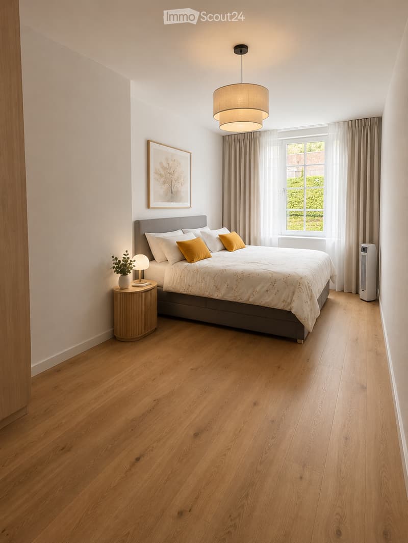 Modern bedroom with wooden flooring, large bed with white and yellow bedding, nightstand with lamp, picture frame, and air purifier near the window.