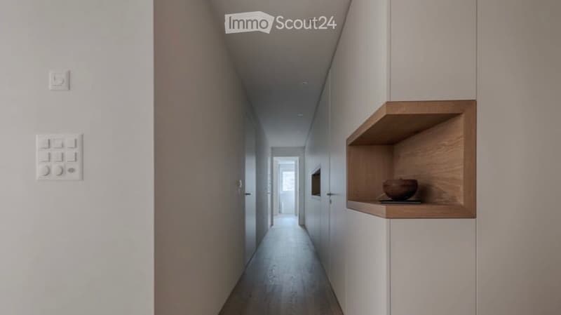 Modern hallway with white walls, wooden floor, built-in wooden shelf with a decorative bowl, and recessed lighting.