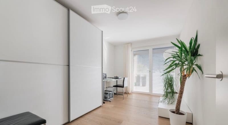 A modern, minimalist room with light wooden flooring, white walls, and large windows with blinds. Features include a desk with a chair, a tall potted plant, and a large white wardrobe.