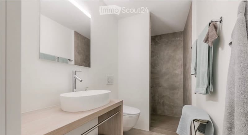 Modern bathroom with a white sink, sleek faucet, large mirror, toilet, and neatly hung towels.