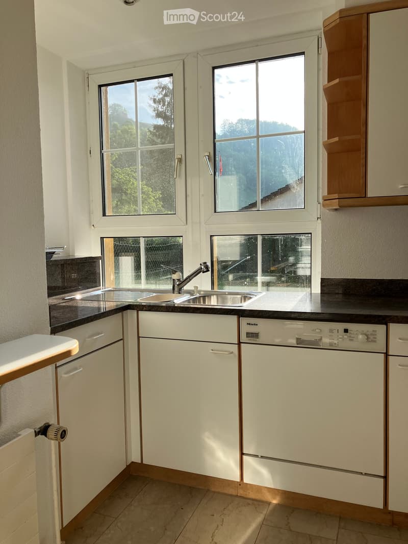 Compact kitchen with white cabinets, a sink, a faucet, and a dishwasher. The space features large windows offering a view of greenery outside.
